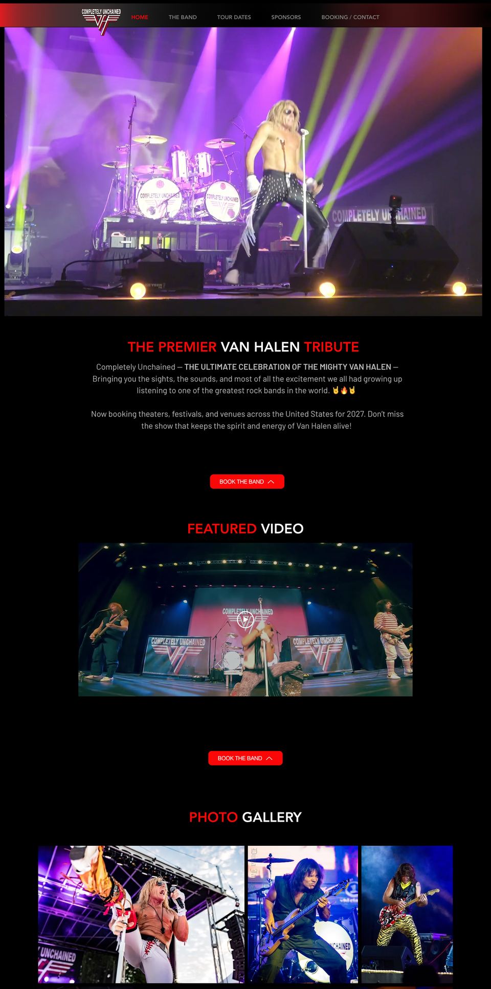 The Completely Unchained website on desktop: live hero, the premier Van Halen tribute, featured video and photo gallery.