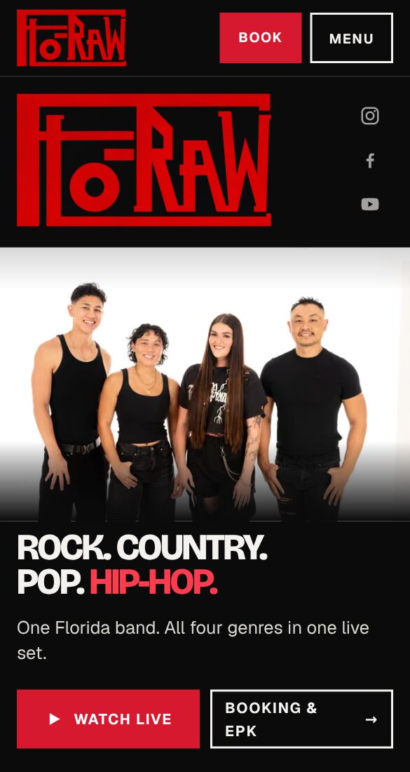 FLO-RAW website homepage on a phone.