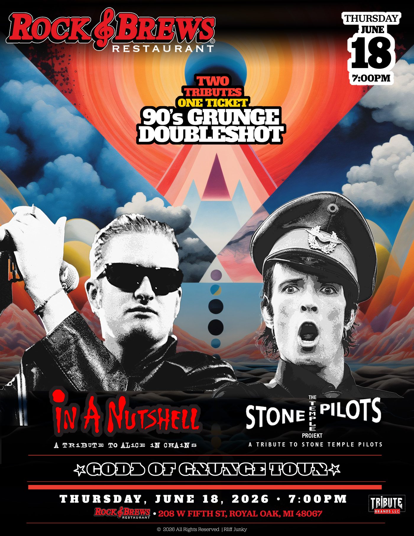 90s Grunge Doubleshot — In A Nutshell and Stone Temple Pilots tributes, Gods of Grunge Tour, Rock & Brews, Royal Oak, Michigan, Thursday June 18, 2026. Surreal sky with two performers in the foreground.