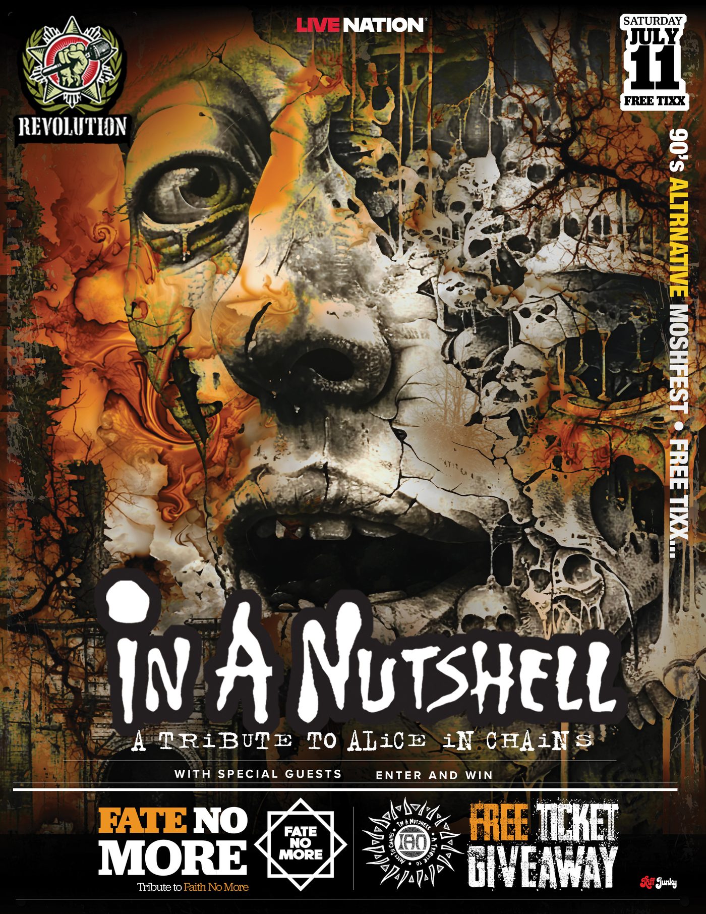 In A Nutshell at Revolution, Saturday July 11 — 90s alternative moshfest with Fate No More and a free ticket giveaway. Collage of a cracked face and skulls.