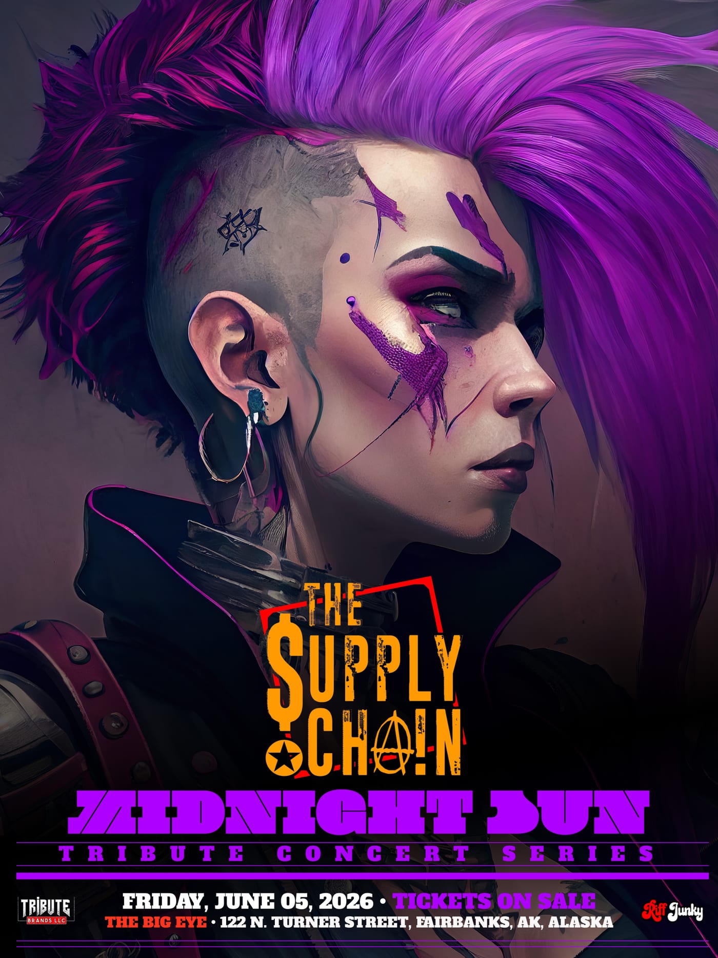 The Supply Chain — Midnight Sun Tribute Concert Series, Friday June 5, 2026, The Big Eye, 122 N. Turner Street, Fairbanks, Alaska. Punk portrait in profile with a violet mohawk and smeared purple face paint.