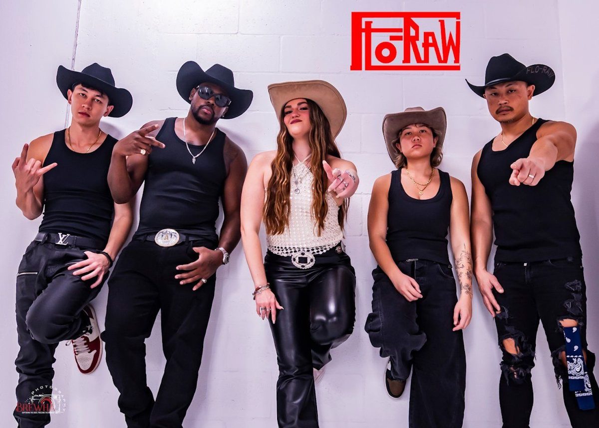 FLO-RAW: the five band members in cowboy hats and black, posed against a white wall