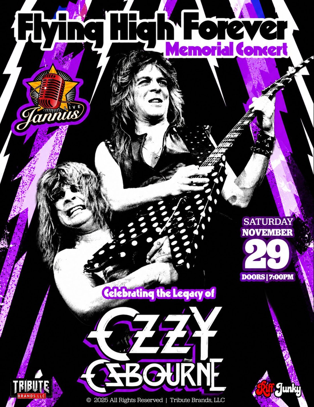 Flying High Forever memorial concert poster celebrating the legacy of Ozzy Osbourne — Jannus, Saturday November 29.