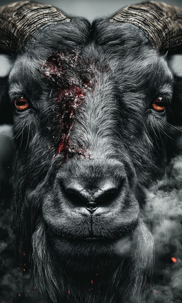 SKRAPEGOAT key art: a scarred black goat in smoke and embers.