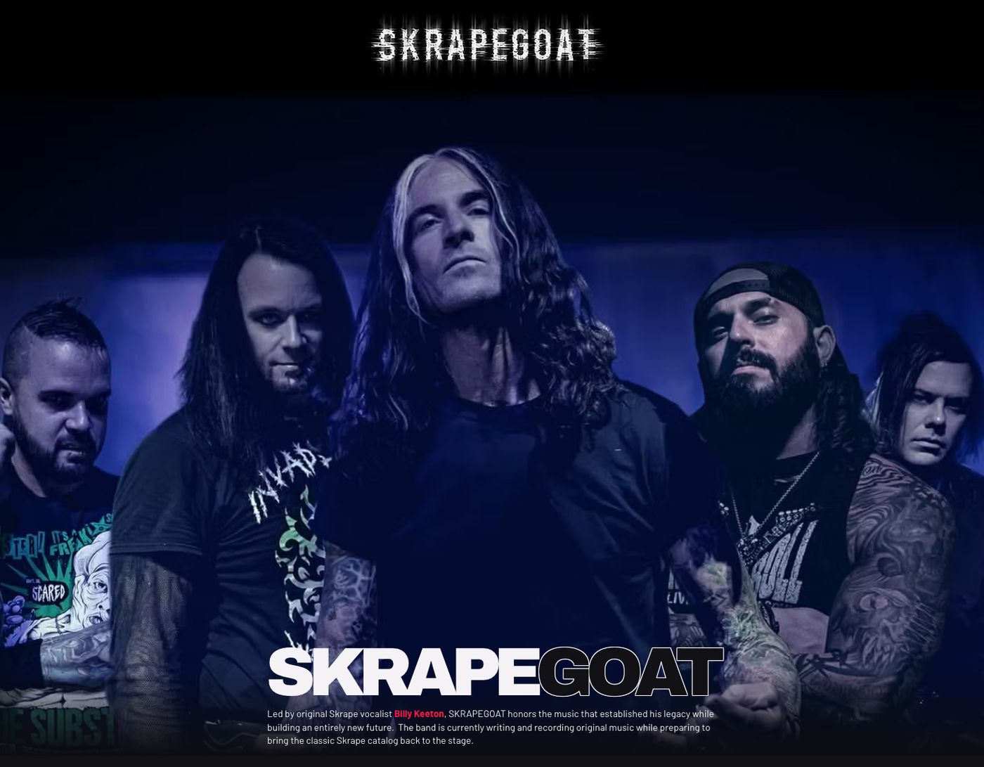 SKRAPEGOAT website hero: the band under blue light with the SKRAPEGOAT headline.