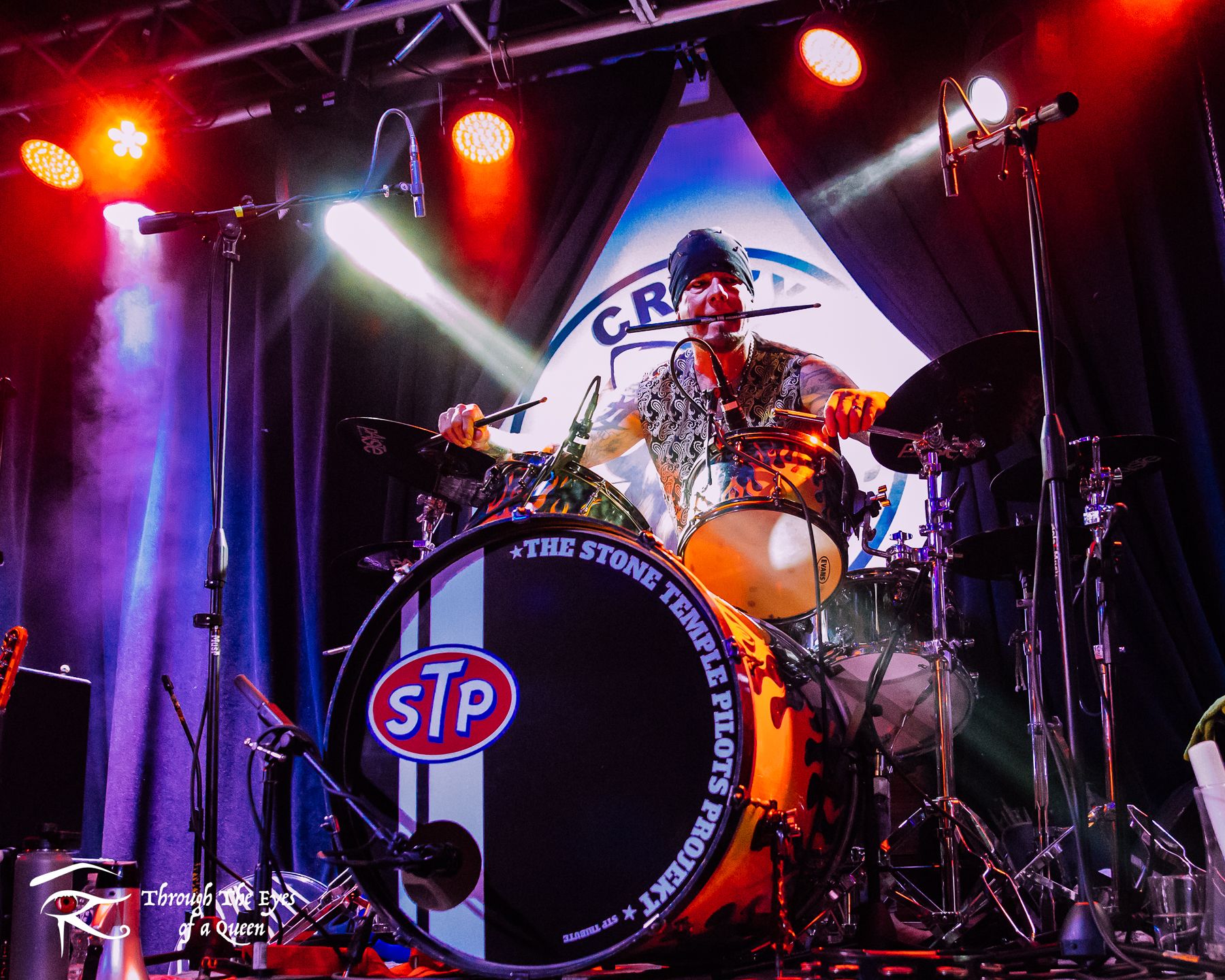 The drum kit with the band’s STP kick-drum head at Crazy Uncle Mike’s
