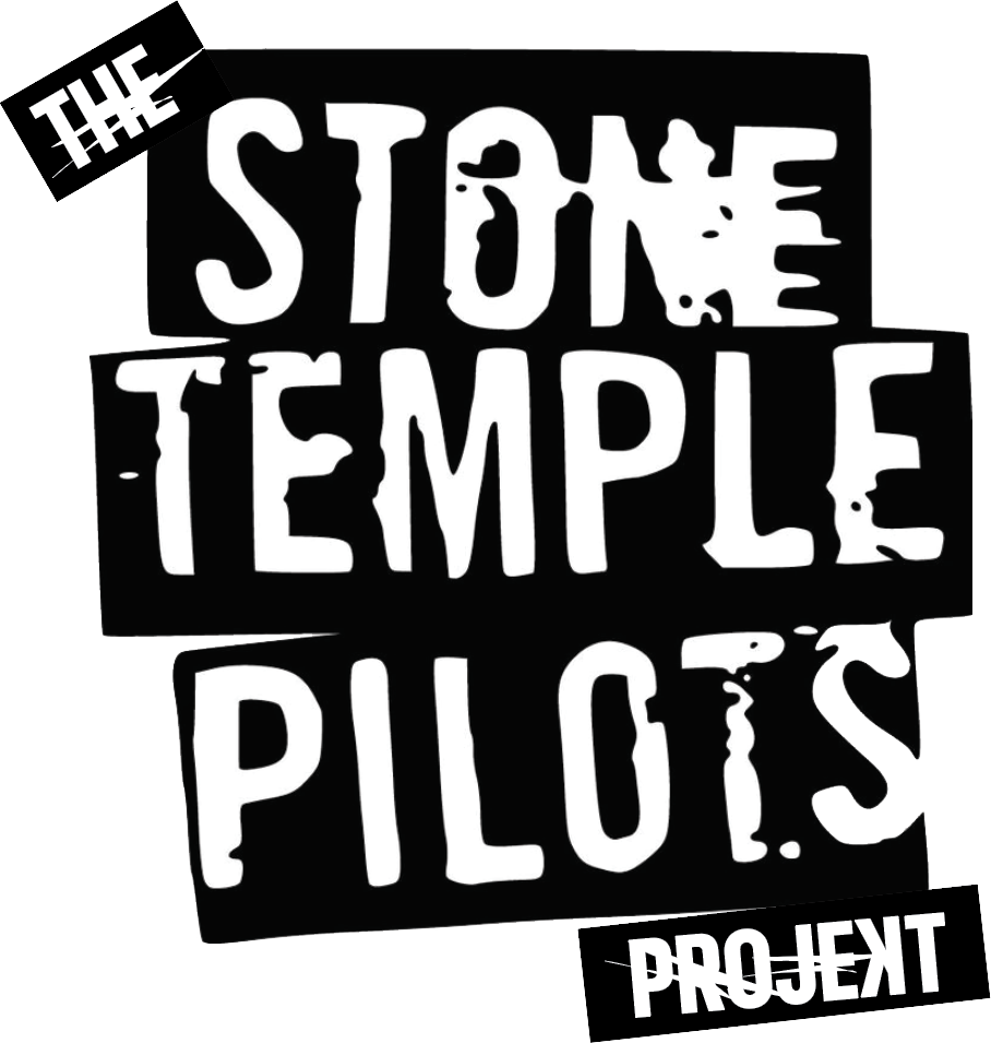 The stencil logotype: THE STONE TEMPLE PILOTS PROJEKT on torn black labels