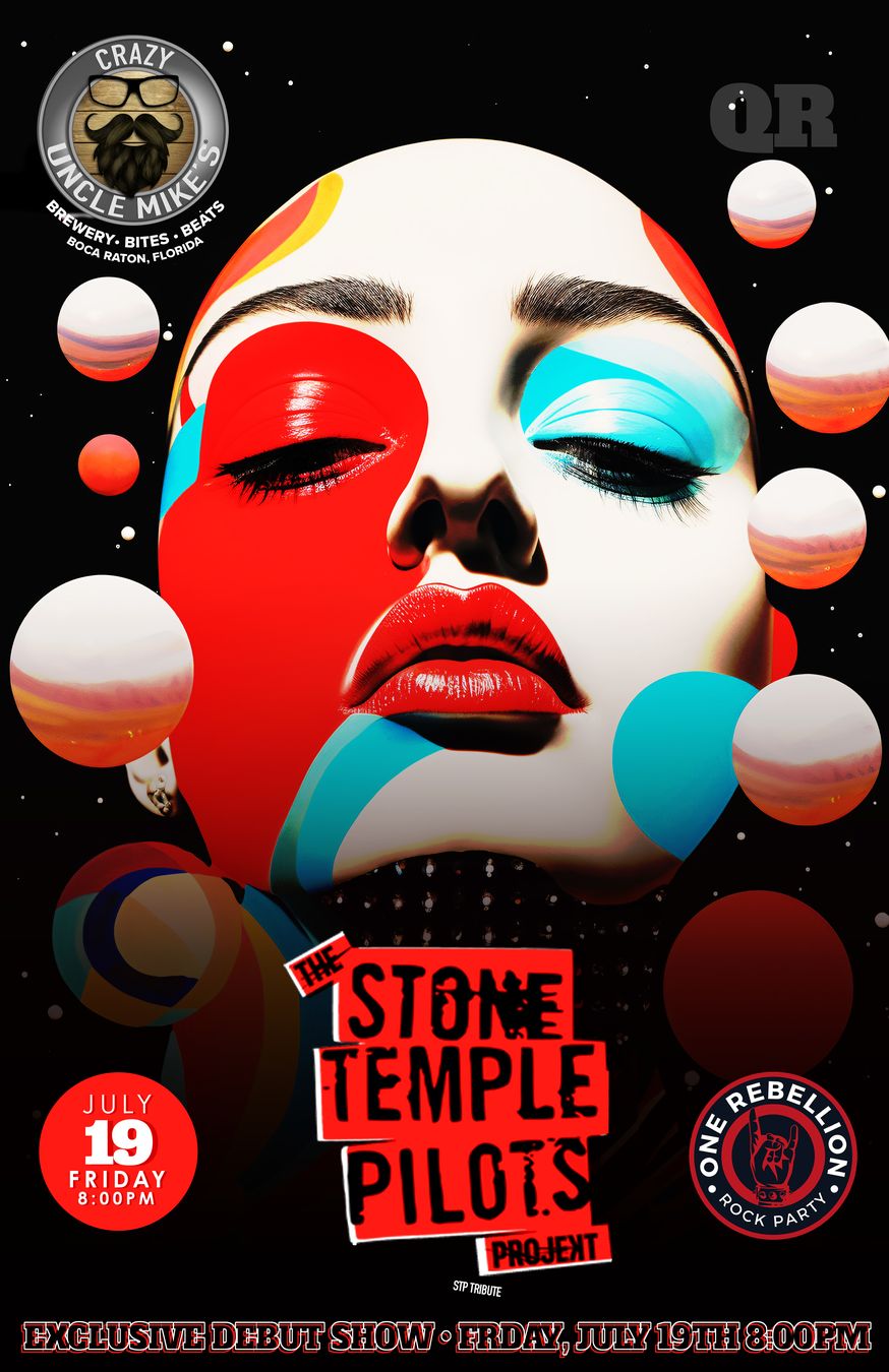 Debut show poster: pop-art face with bubbles and the band name, Friday July 19th, 8 PM