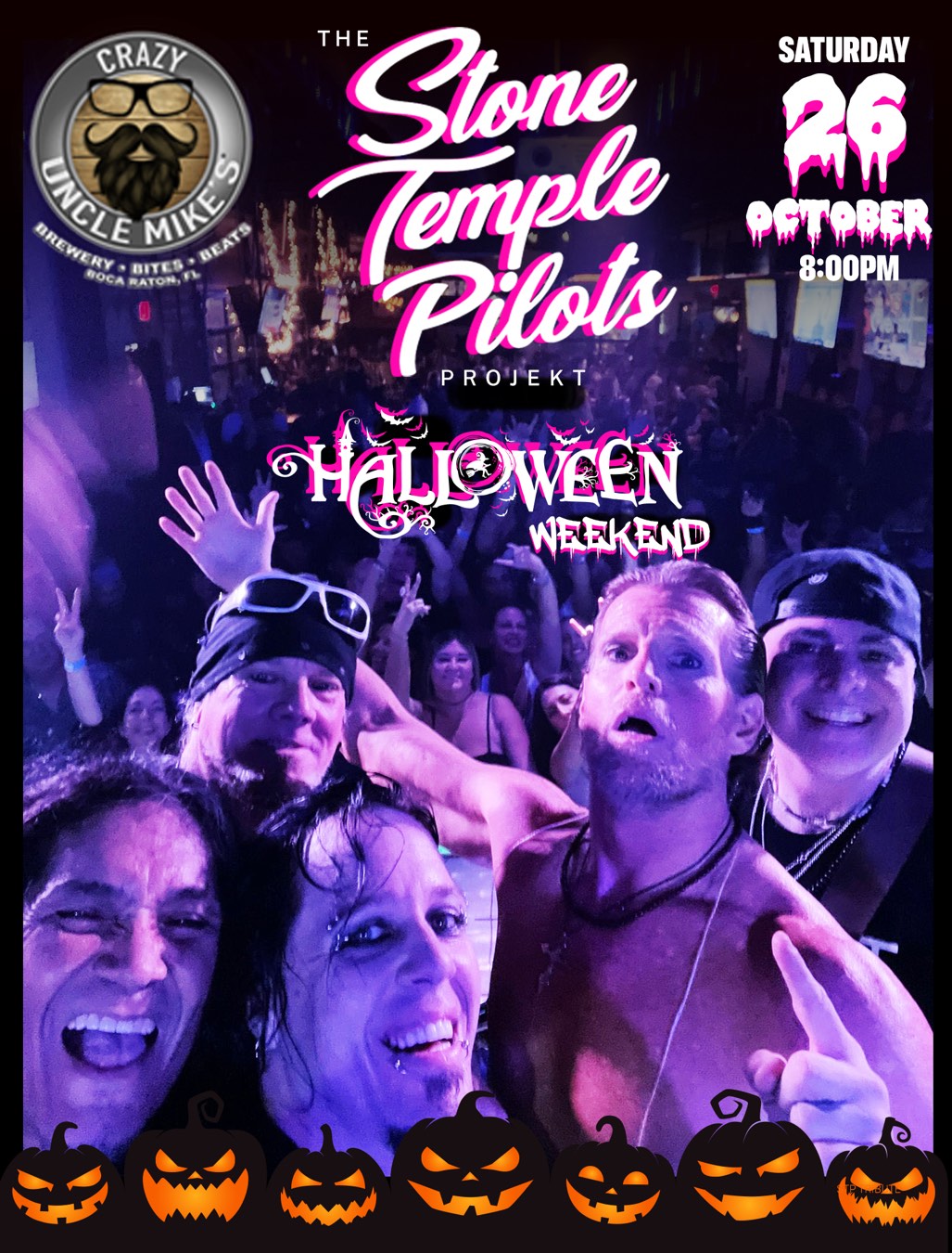Crazy Uncle Mike’s Halloween Weekend poster: the band’s selfie in front of the crowd, Saturday October 26