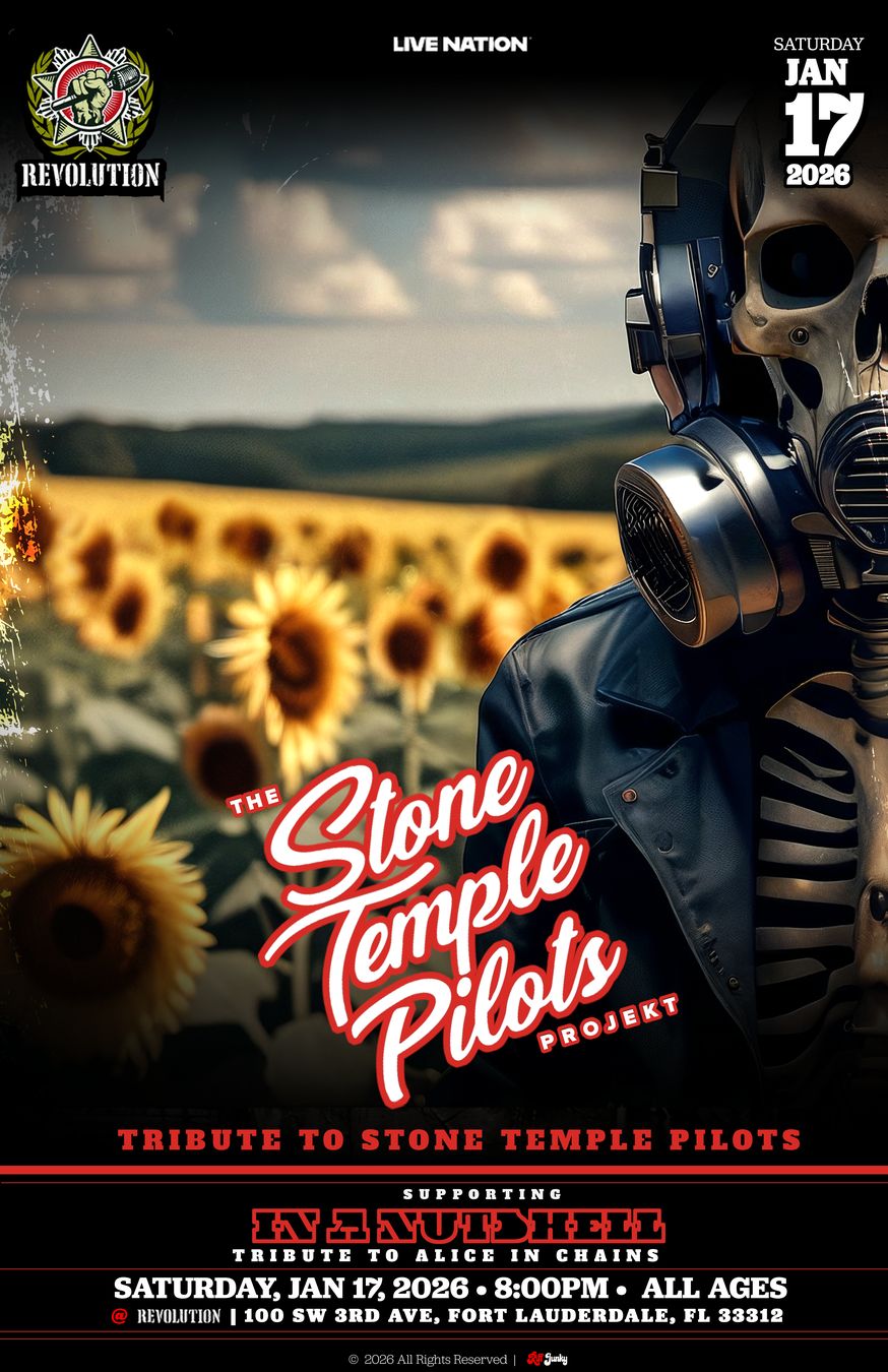 Revolution Live poster, second version: gas-mask figure in a sunflower field