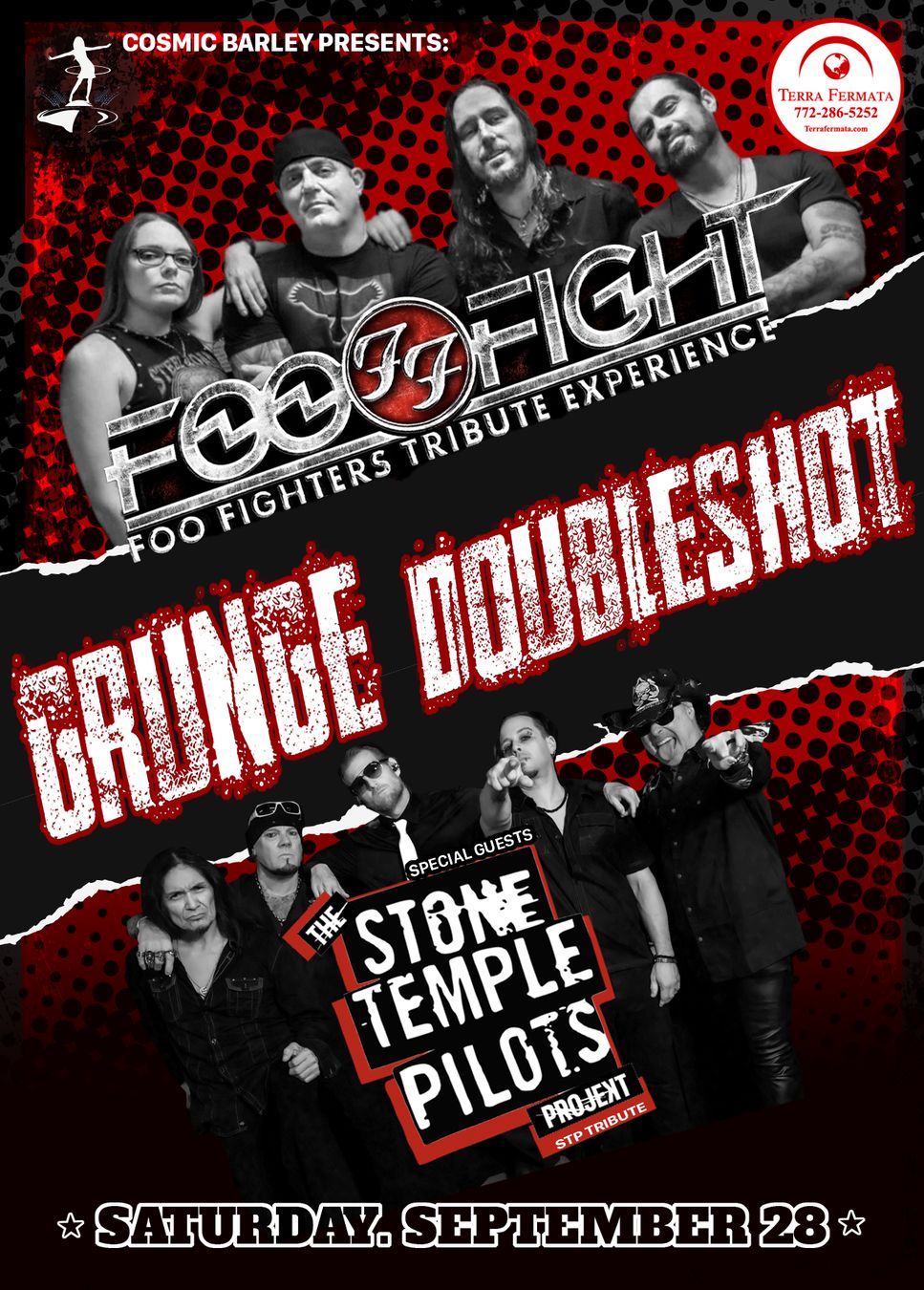Grunge Doubleshot poster with Foo Fight on red halftone, Saturday September 28